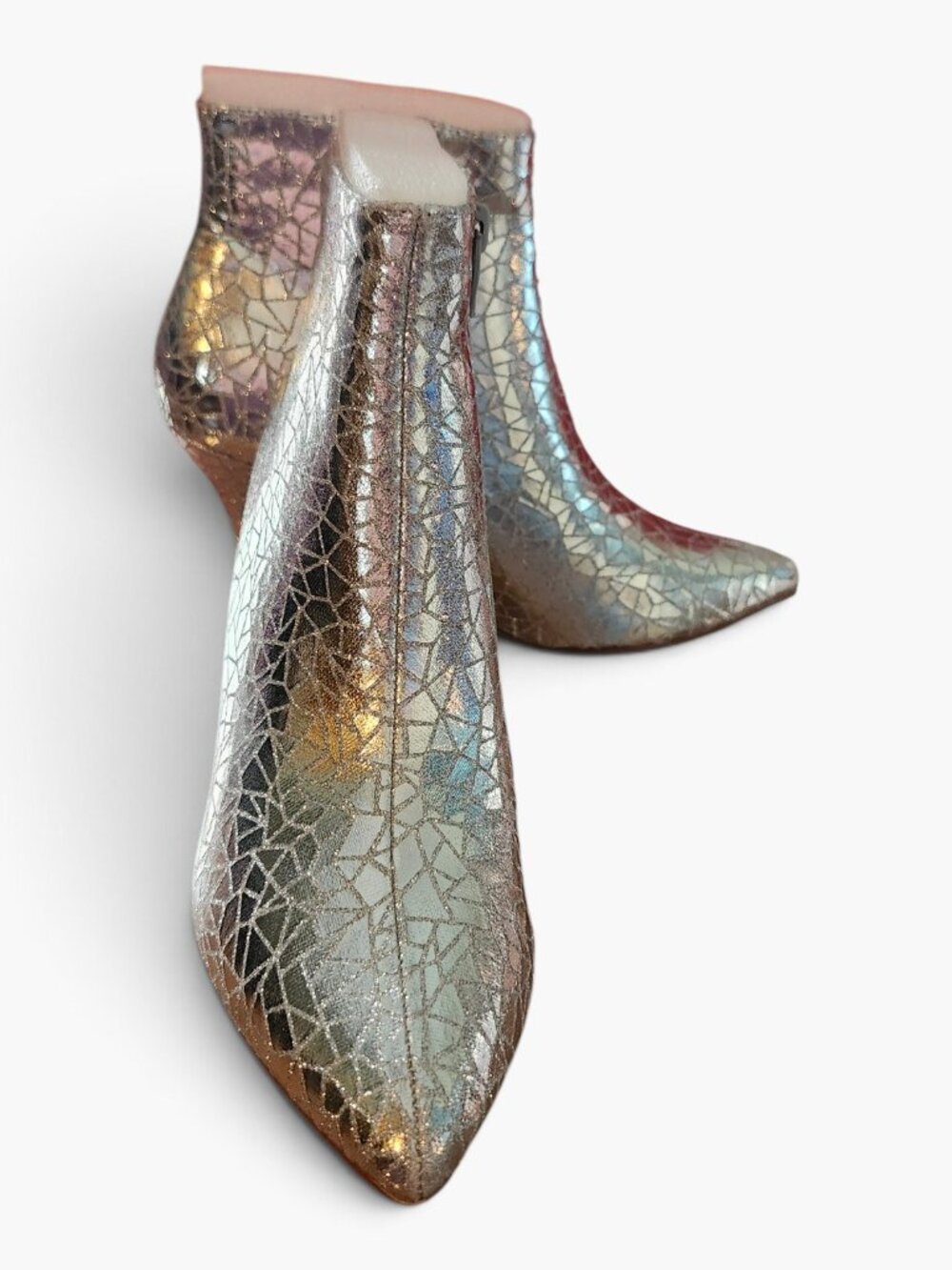NEW Allegra K Metallic Silver Sparkly Stiletto Ankle Boots Crackled Glass Size 7